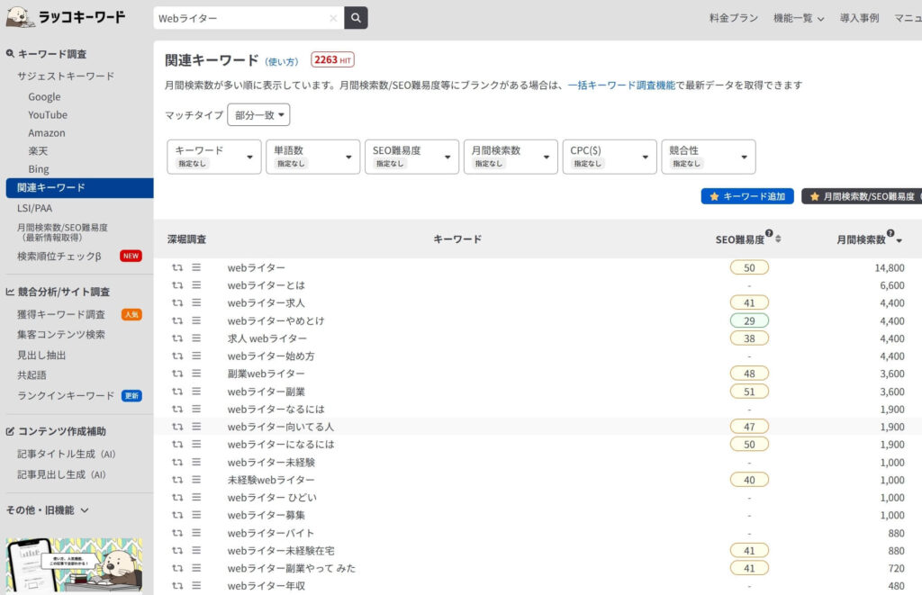ラッコキーワードのスクリーンショット